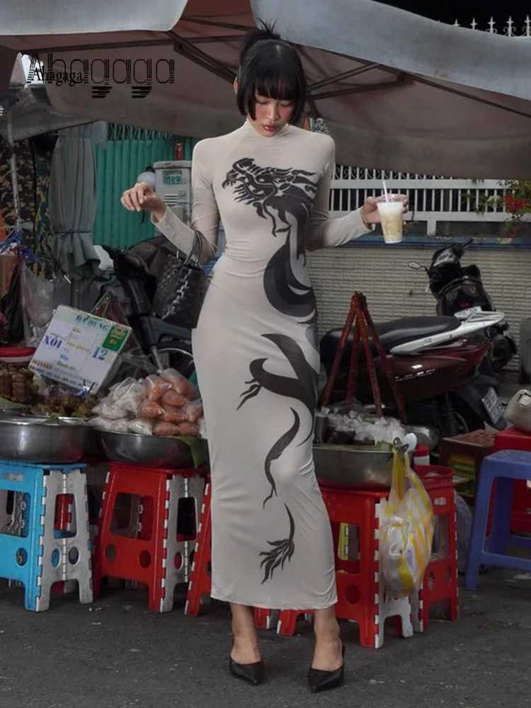 Basic Casual Dresses Ahagaga Fashion Sexy Dragon Printed Dresses For Women Strtwear Regular Casual Turtleneck Long Slve Slim Sheath Vestidos Robe H252