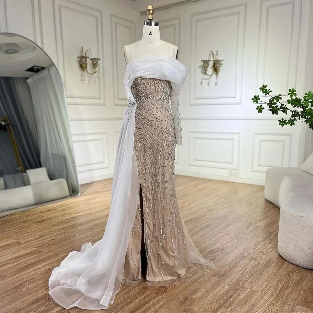 Arabic Blue Mermaid Elegant One Shoulder Evening Dresses Gowns Beaded Party Customize BLA