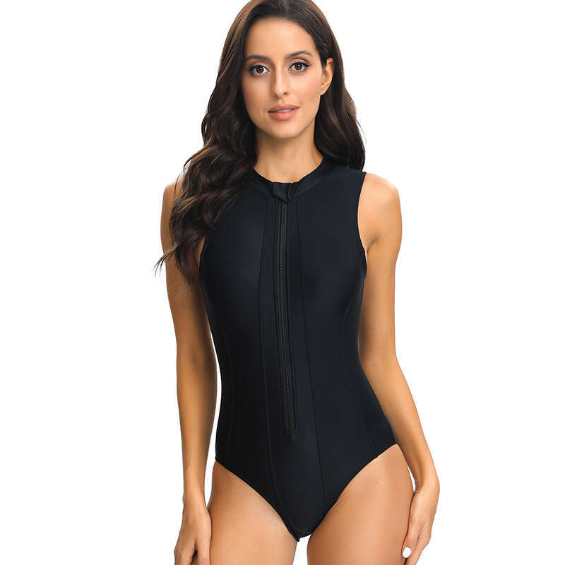 New sleeveless zipper jumpsuit triangle tight solid color compeve surfing suit European American swimsuit women's 2025 new style chic and elegant