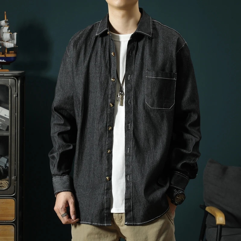 Spring And Autumn Mens Denim Loose Solid Color Big Yards Retro Jacket SingleBreasted LongSleeved Workwear Shirt 250214