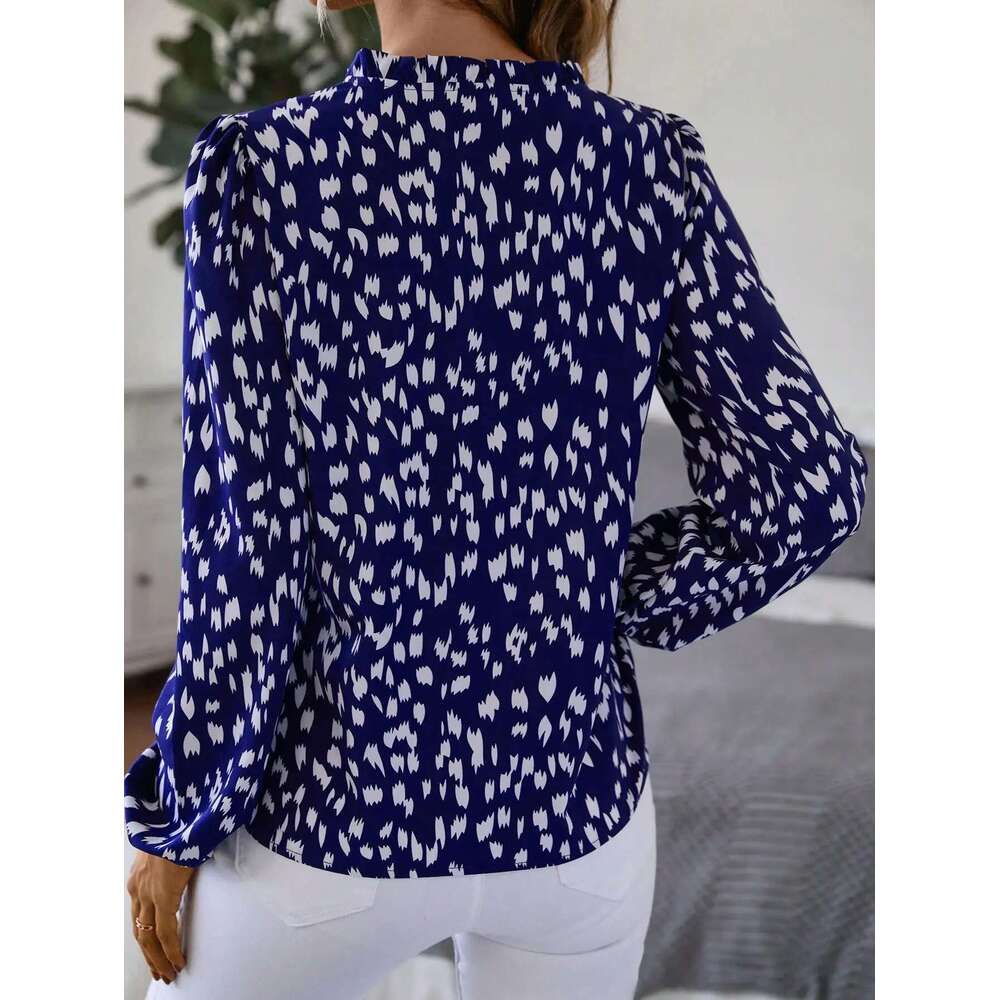 Elegant Notched V-Neck Long Sleeve Full Printed Casual Fashion Women's Shirt