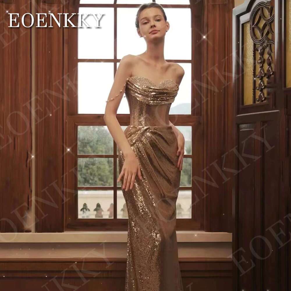 Sparkly EOENKKY Gold Evening Dresses Woman Elegant Sequin Mermaid Sweetheart Pageant Prom Dress Off Shoulder Party