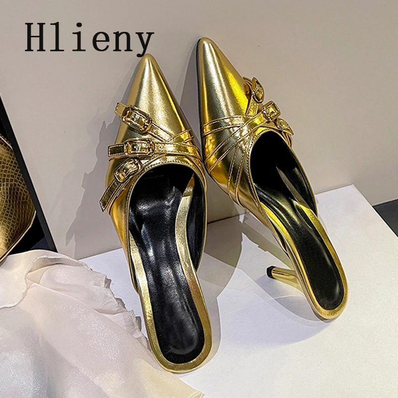 Hlieny 2025 Gold Silver Pointed Toe Ladies Shoes er Low Heels Mules Slippers Fashion Buckle Strap Pumps Women Slides 250217