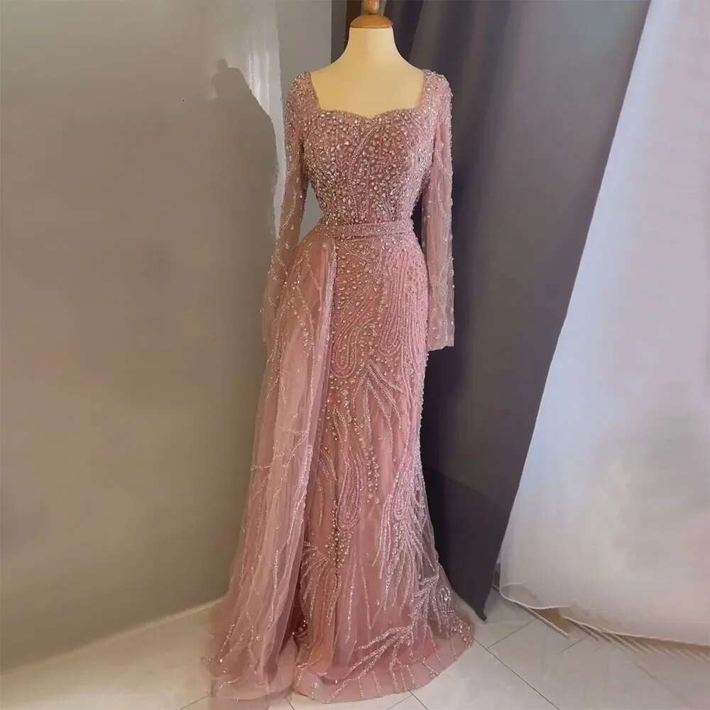 Pink Arabic Elegant Mermaid Overskirt Beaded Long Evening Dresses Gowns Customize Evening Party