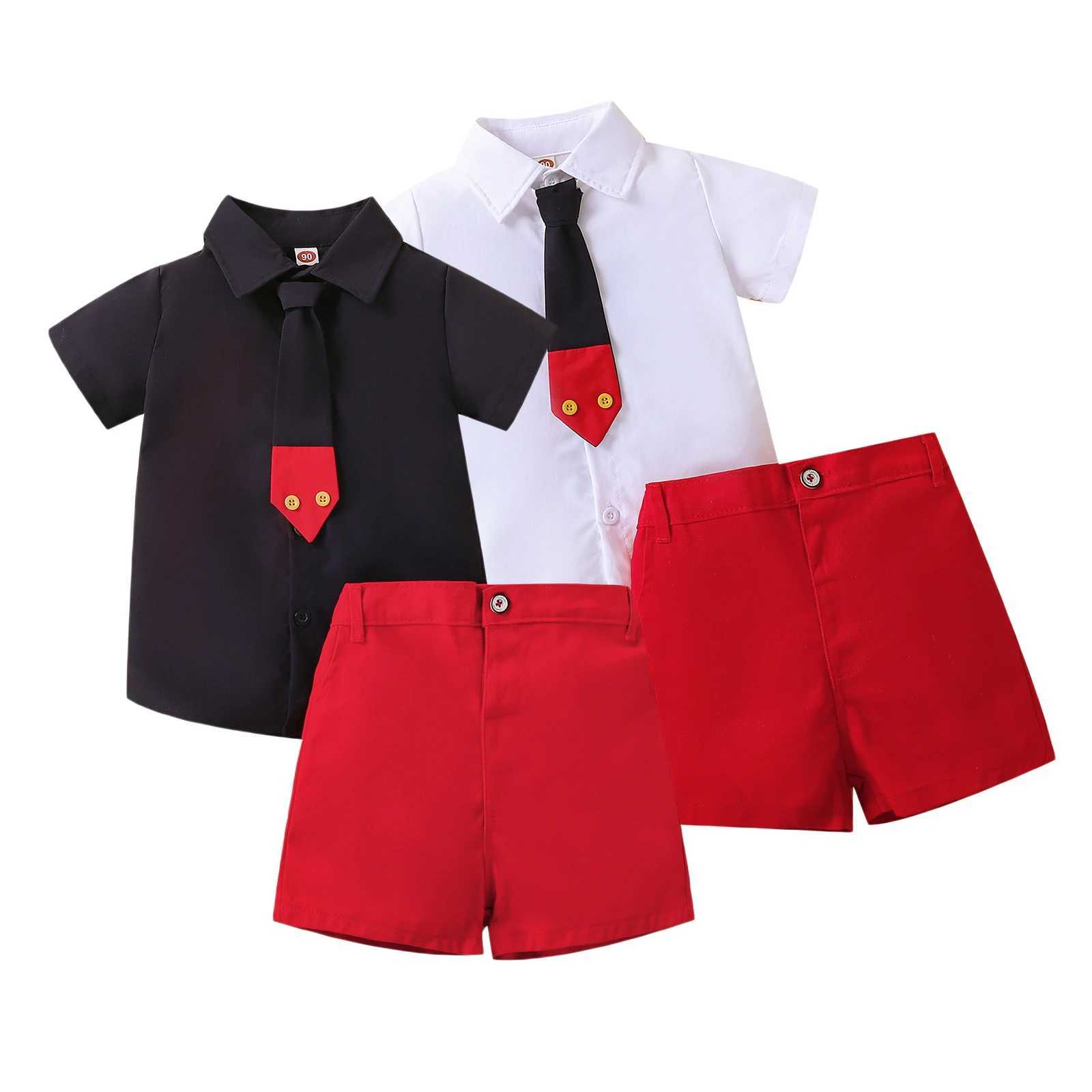 2 Pieces Kids Suit Set Summer Contrast Color Lapel Short Sleeve Shirt with Necktie+ Short Pants for Boys 1-8 Years W250218