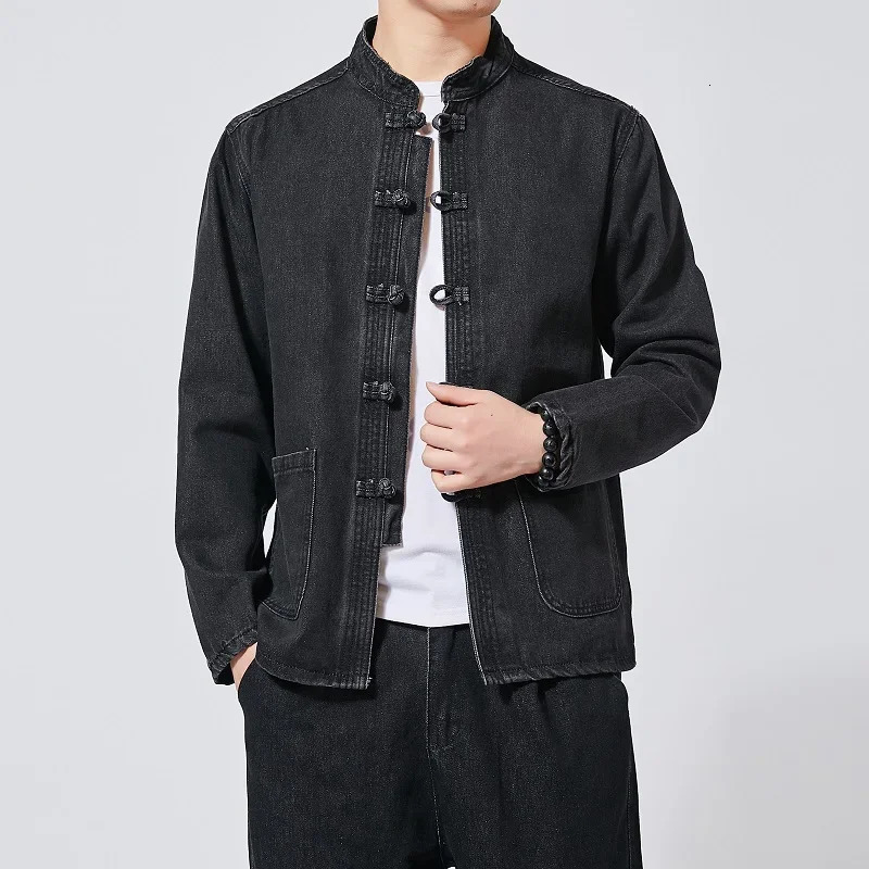 Autumn Men Chinese Style Tang Suit Washed Denim Top Stand Collar Jacket Casual Cotton Coat 250214