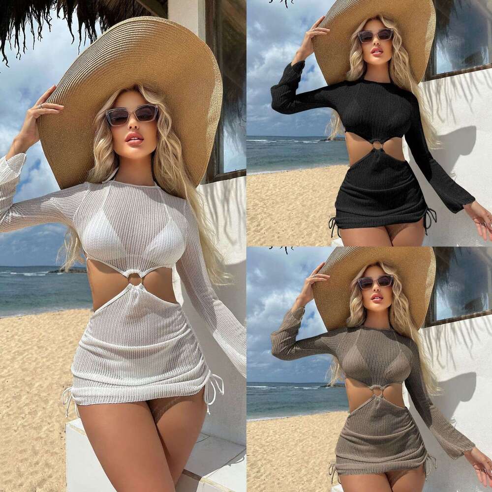 European and American special mesh hollow drawstring strap swimsuit bikini three piece set 2025 new casual versatile fashion clothing