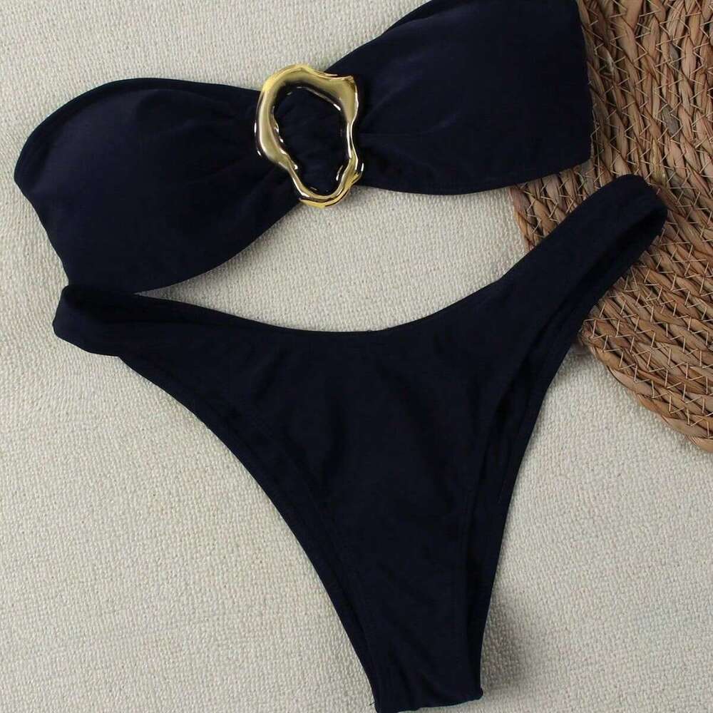 Split Strapless Neck Hanging Metal Accessory Swimsuit Set Bikini Solid Color Pure Desire Sexy Bathing Suits for Women Bathing Suits Designer Gt Cut Ne