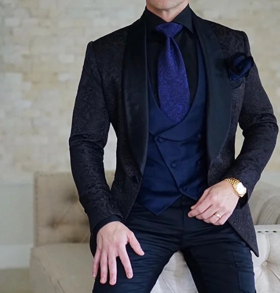 Mens Wedding Dress Set Italian Custom Black Smoking Tailcoat Jacket 3-Piece Set Coat Tank Top Pants Mens Groom Terno Set 250214