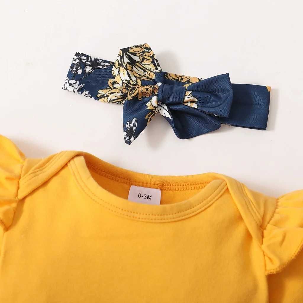 3-piece set of baby clothing solid color pleated short sleeves tight fitting clothes+floral short sleeves+headband cute summer clothing lasting 0-18 m
