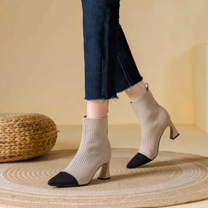 Woman Knitted Ankle Boots 2023 Autumn Womens Pointed Toe Sexy High Heel Pumps Ladies Outside Shoes Female Casual Short BootsXJ250217