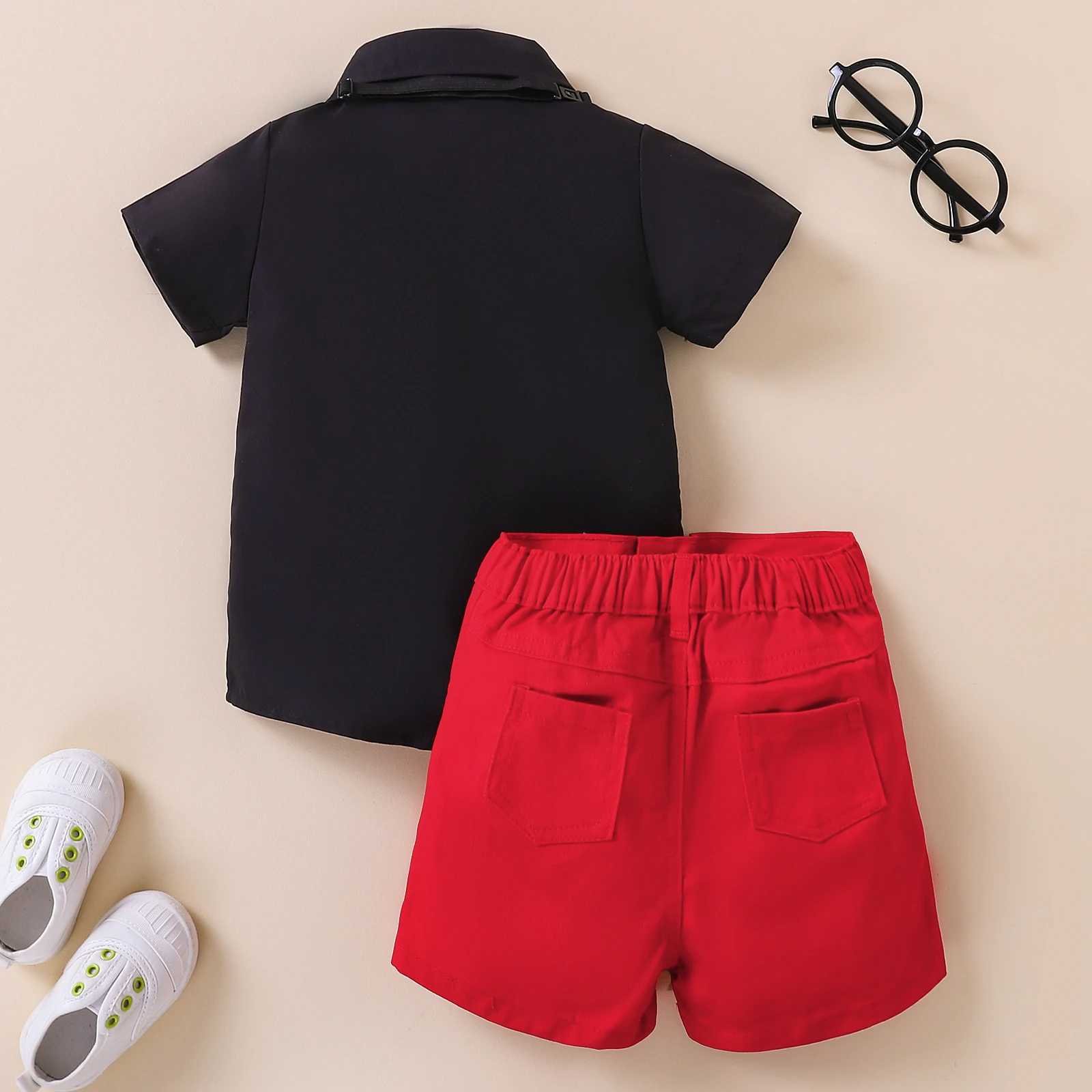 2 Pieces Kids Suit Set Summer Contrast Color Lapel Short Sleeve Shirt with Necktie+ Short Pants for Boys 1-8 Years W250218
