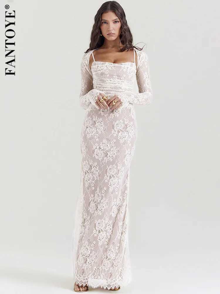 Basic Casual Dresses Fantoye Autumn New Double Layer Lace Women Two Piece Sets White Long Slve Spaghetti Strap Dress Skinny Elegant Party Clubwear H25