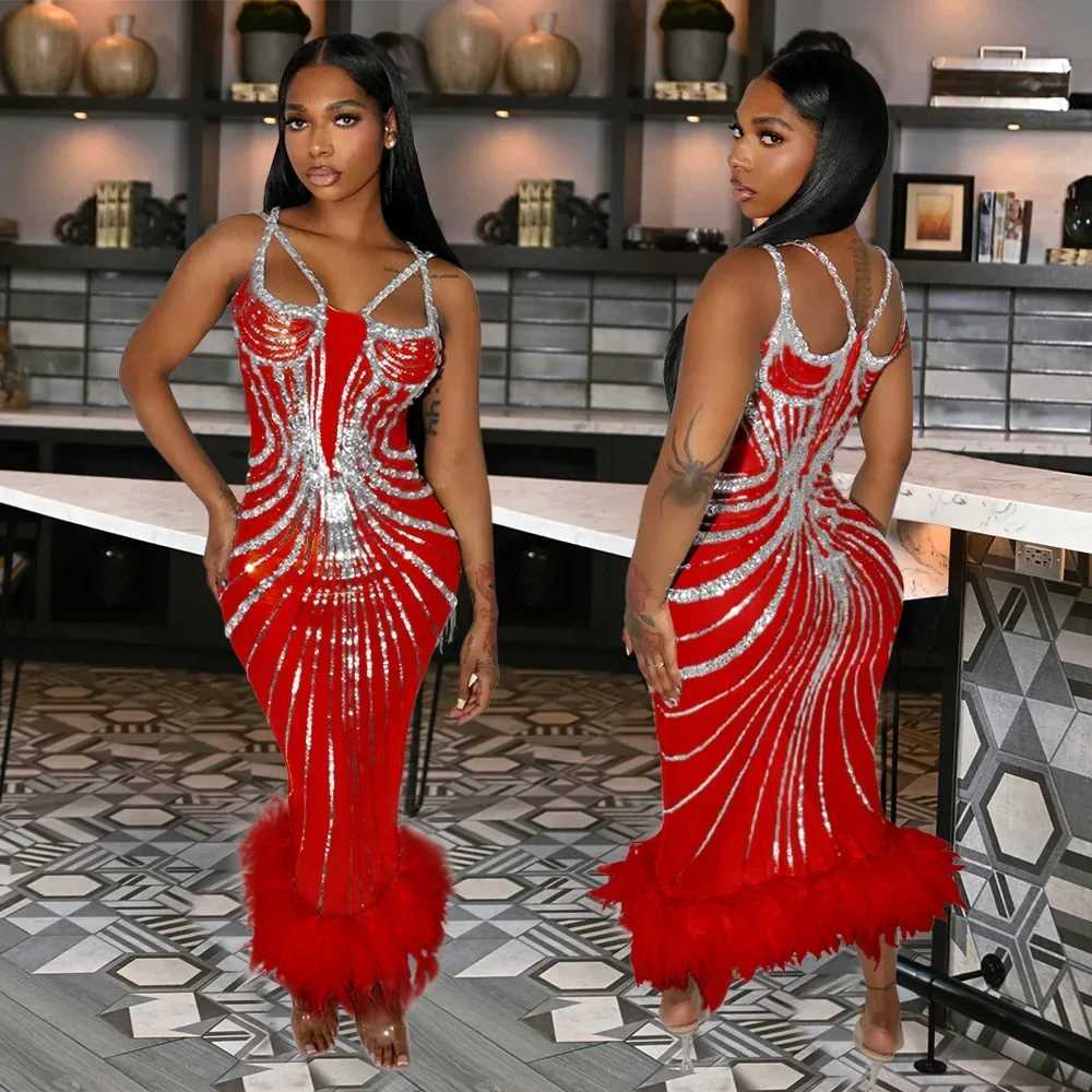 Basic Casual Dresses Women Sequined Feather Strapless High Waist Birthday Bodycon Long Dress 2025 Spring Evening Sexy Party Dresses Vestidos H25217