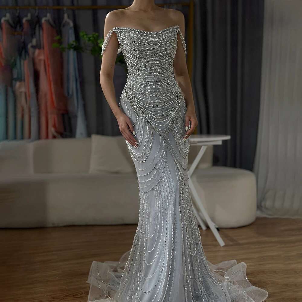 White Dubai Nude Strapless Mermaid Evening Dresses Gowns Pearls Beaded Evening Party Customize