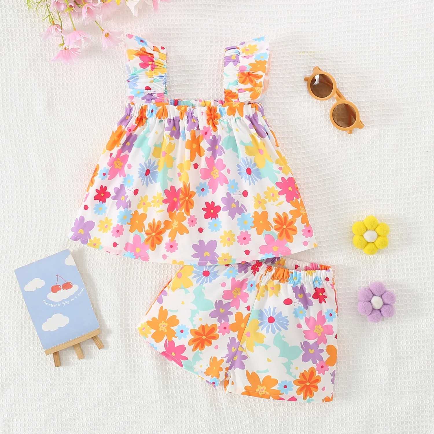 2 Pieces Set Summer Baby Girl Clothes Set Colorful Flower Printed Top with Shorts Baby Girl Korean Outfit W250218