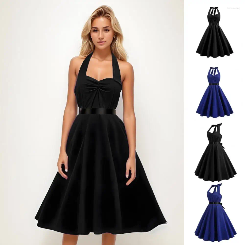 Casual Dresses Halter Neck Pleated Waist Dress Women Long Elegant Lace-up A-line Midi For Retro Cocktail