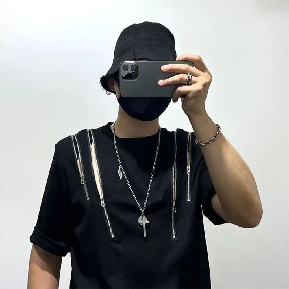 Mens Irregular Zipper Splicing T-Shirt Genderless Fashion Personality Casual Versatile Short-Sleeved Top For Men 250217