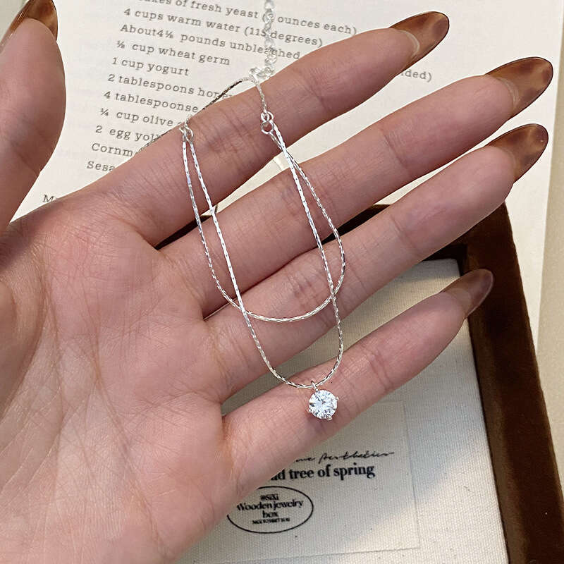 Tiqi S pure sier Korean version ins style single dia collarbone women's simple and exquisite double-layer snake bone chain necklace