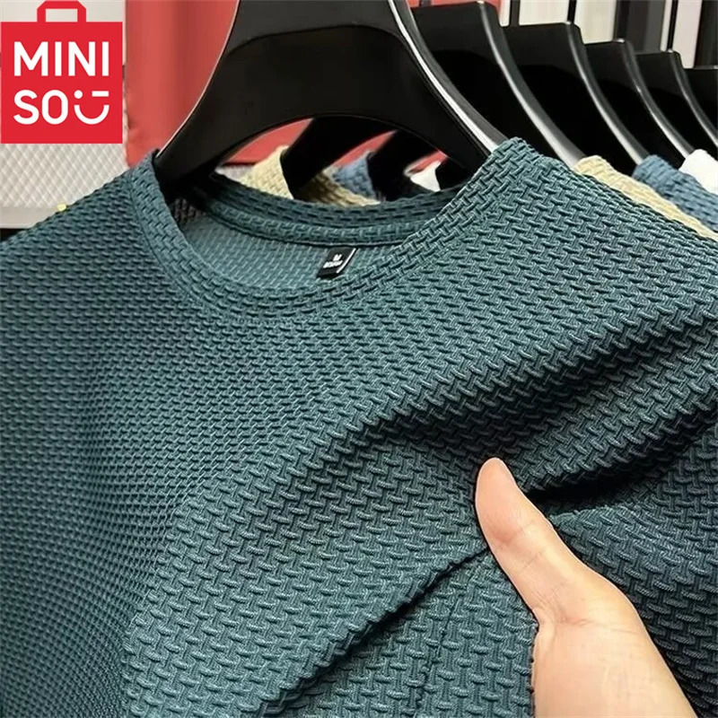 MINISO Bamboo Mesh Ice Silk T-shirt Mens Short sleeved Round Neck T-sleeved Mens Bottom Shirt Summer Solid Color Mens Top 250217
