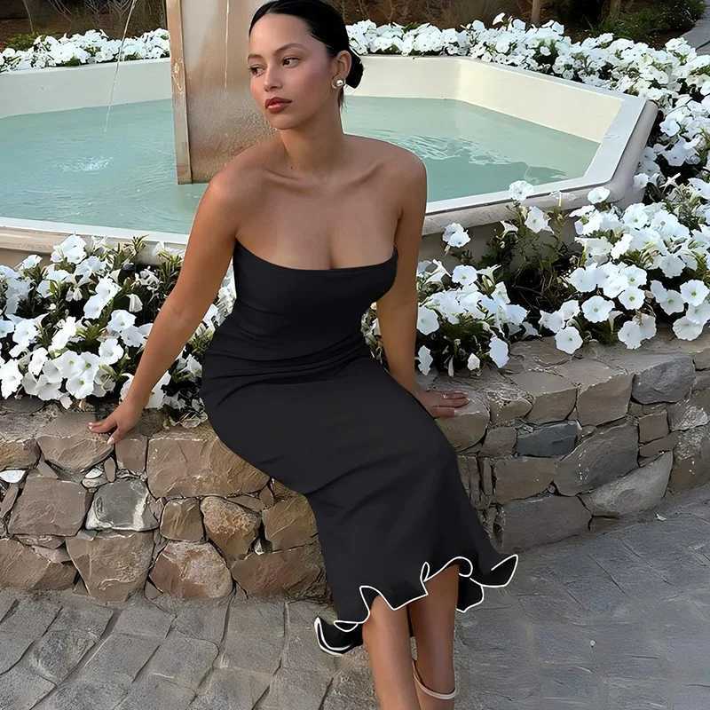 Basic Casual Dresses Lygens Strapless Elegant Evening Bodycon Ruffles Prom Lady Solid WomenS Dresses Y2K Strtwear Casual Clothing Long 2024 H25217