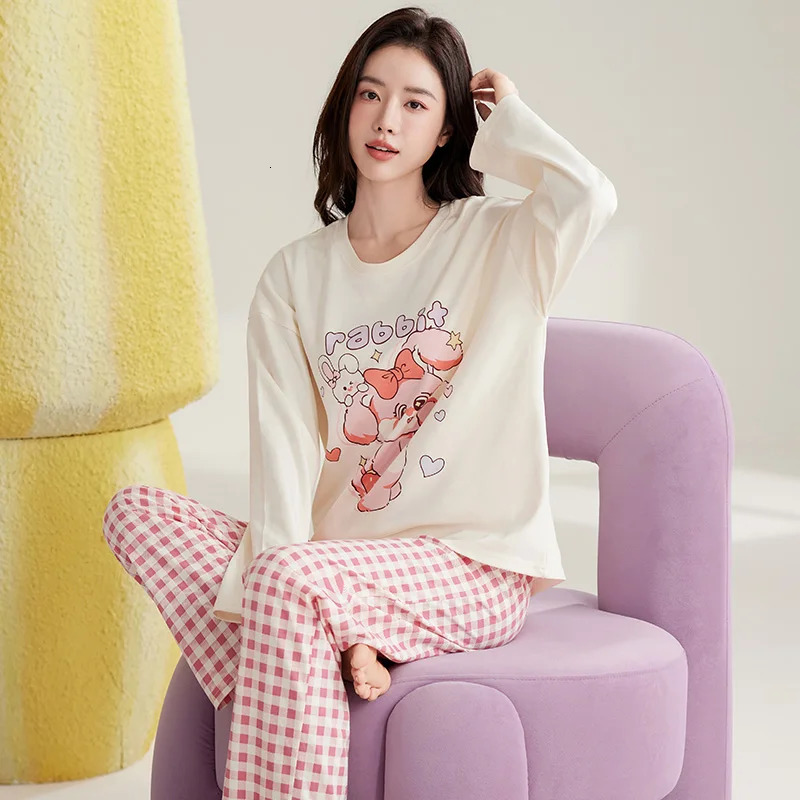 Spring Autumn Women Clothing Cotton Long Sleeves Sleepwear Casual Woman Full Pajamas Sets Pullover Loungewear 2 Pieces Homewear 250213