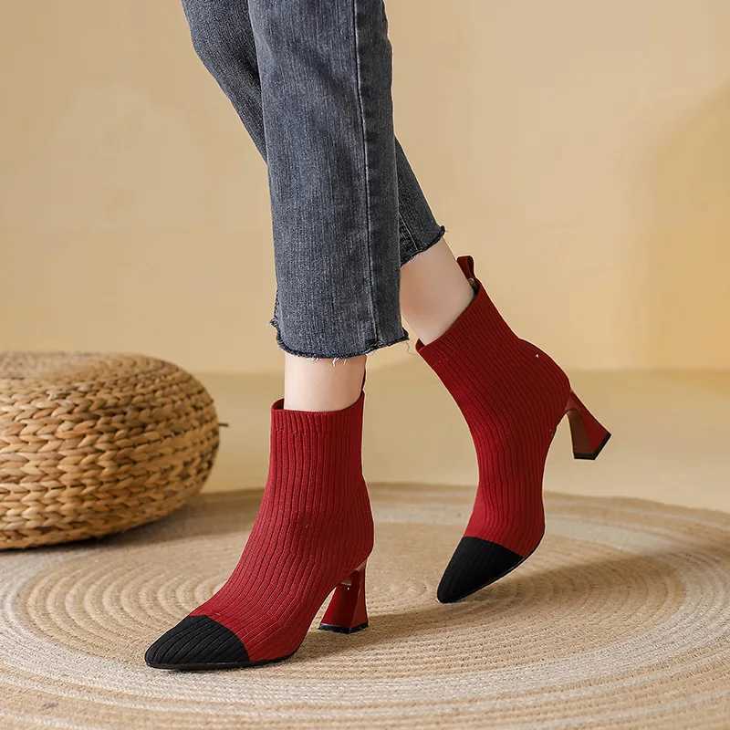 Woman Knitted Ankle Boots 2023 Autumn Womens Pointed Toe Sexy High Heel Pumps Ladies Outside Shoes Female Casual Short BootsXJ250217
