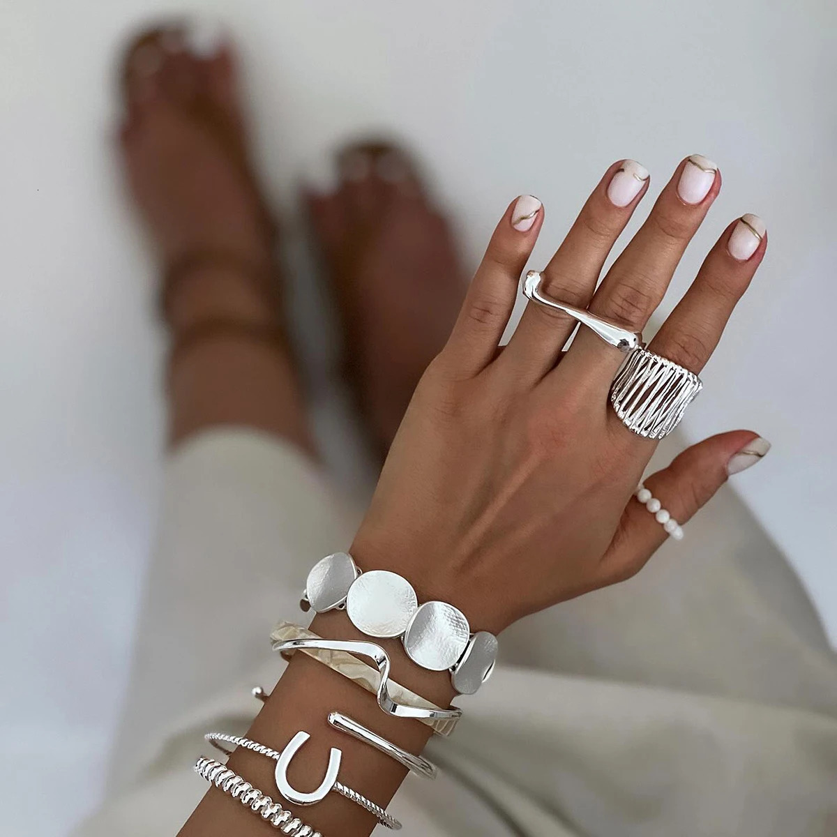 Jewelryposter Trendy Water Drop Irregular Curve Opening Ring n Glossy Stainless Steel Personlaity Party Jewelry 250213