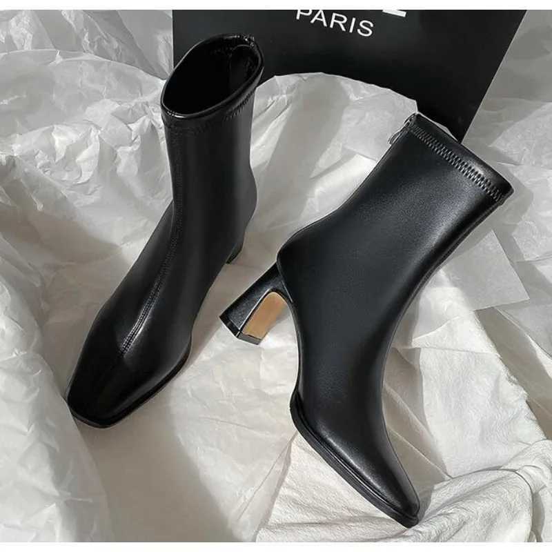 New Square Ankle Boots Autumn Comfortable Soft Leather High Heel Boots Womens Fi Zipper Simple Temperament Womens ShoesXJ250217