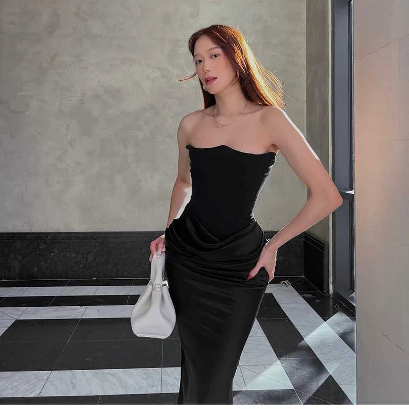 Basic Casual Dresses Lygens Satin Ruched Zipper Strapless Corset Slit Bodycon Elegant Dress Evening Dropshipping Y2K Dropshipping Casual Clothes H2521