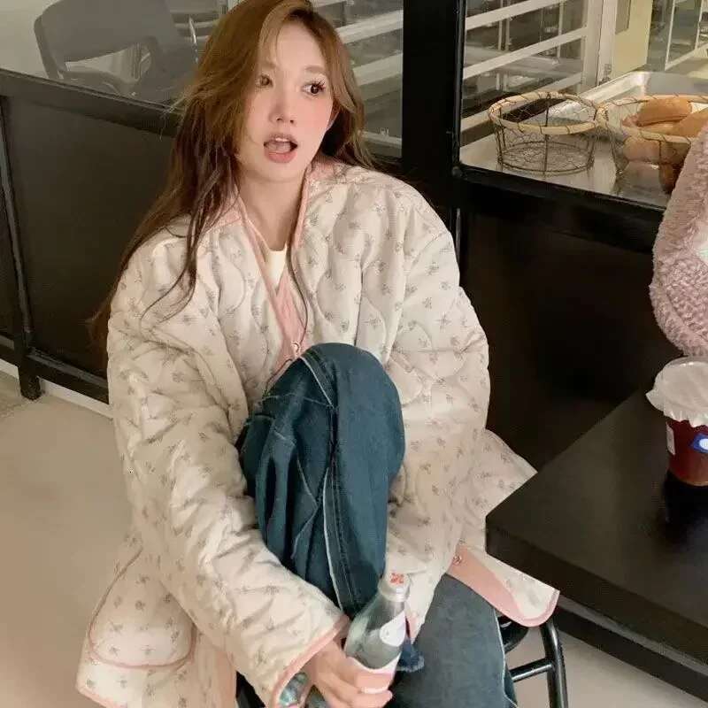 Two-Sided Wear Cotton Jacket Korean Sweet Pink Ral Checkered Coat Women Autumn Winter Loose Casual Single Breasted Tops