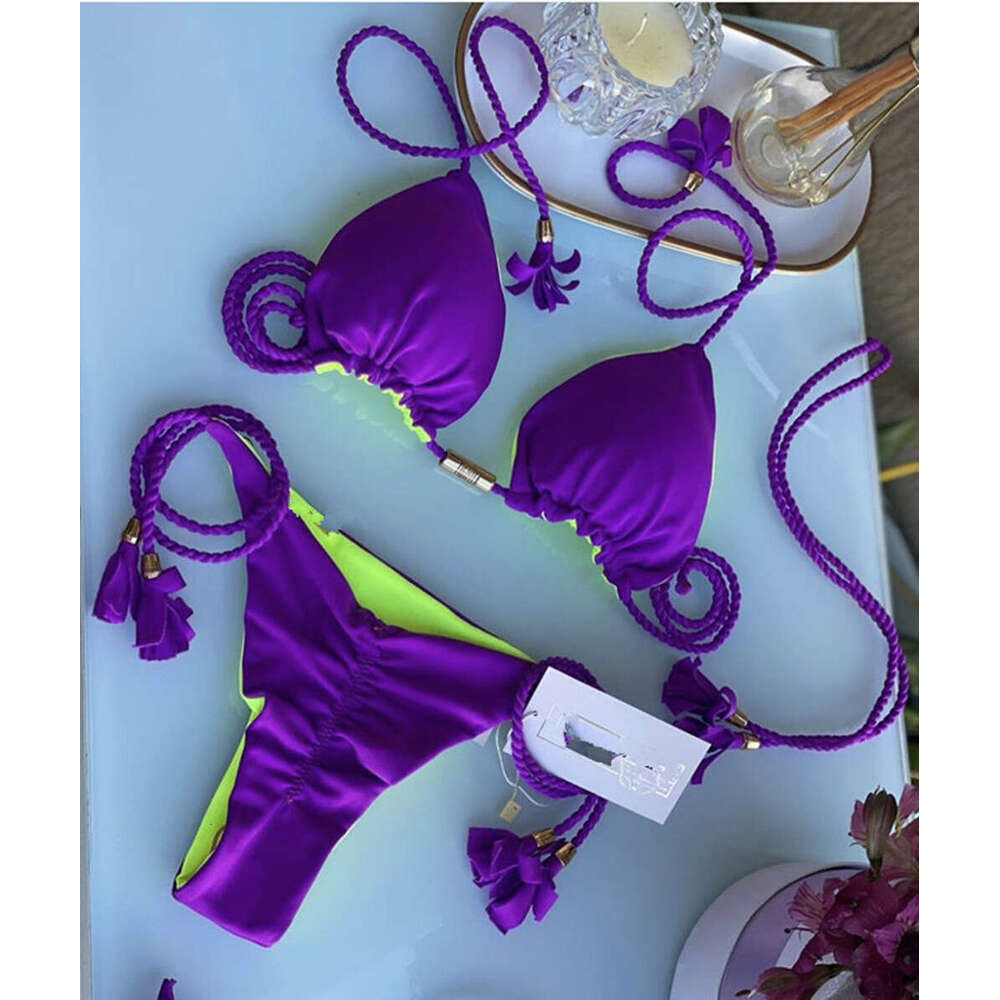 European and American swimsuit triangle bag women's split solid color sexy multi-color braided rope bikini 2025 new style temperament chic elegan