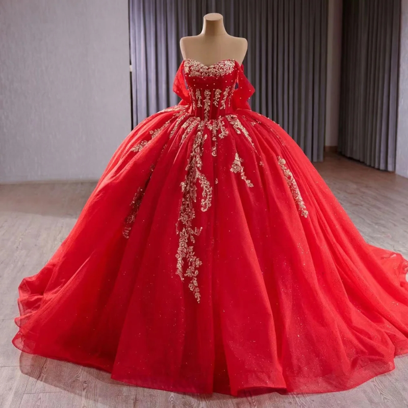 Red Shiny Quinceanera Dresses Ball Gown Off The Shoulder Gold Applique Lace Beading Crystal Tull Party Birthday Sweet 16 Dress Vestido 15 De Anos