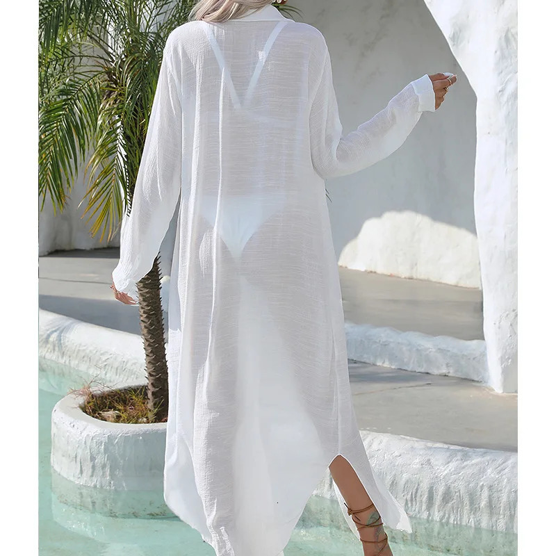 Sunscreen White Long Shirts Bikini Coverup Women Summer Sleeve Lapel Button down Beach Dress Swimwear Smock Tops 250212