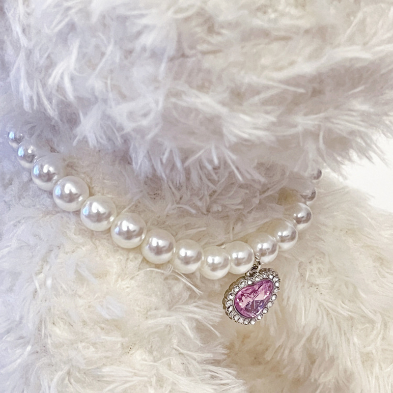 Fashion Dog Pearl Necklace with Pink Heart-Shaped Rhinestones and Small Rhinestones As a Pendant, Pet Neck Decoration for Small Medium Dogs, Adjustabl