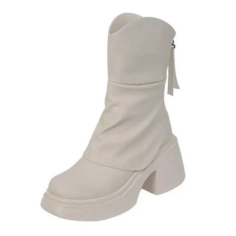 2024 Autumn Winter Women Shoes Leather Short Boots for Women Round Toe Chunky Heel Boots Zipper Ankle Boots Female Platform HeelXJ250217