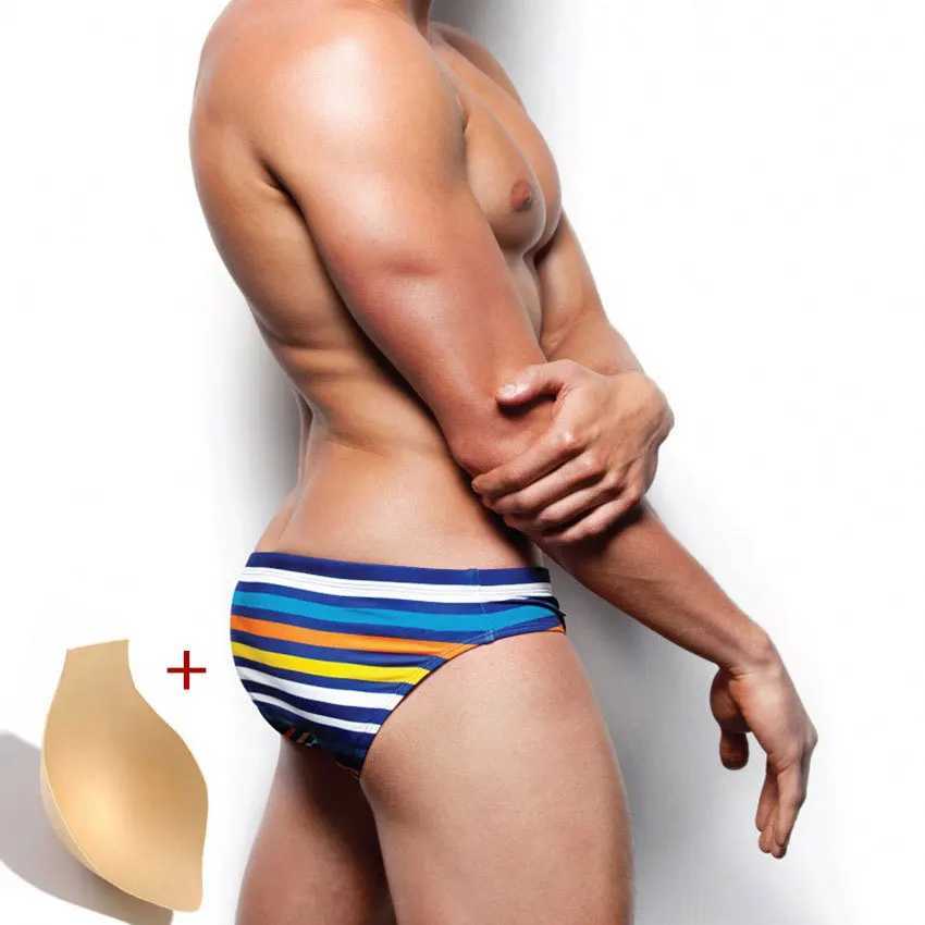 Mens Striped Sexy Printed Triangle Swim Trunks Digital Printed Close-fitting Strap Cup Enlargement Beach Bikini Swim Trunks M250218