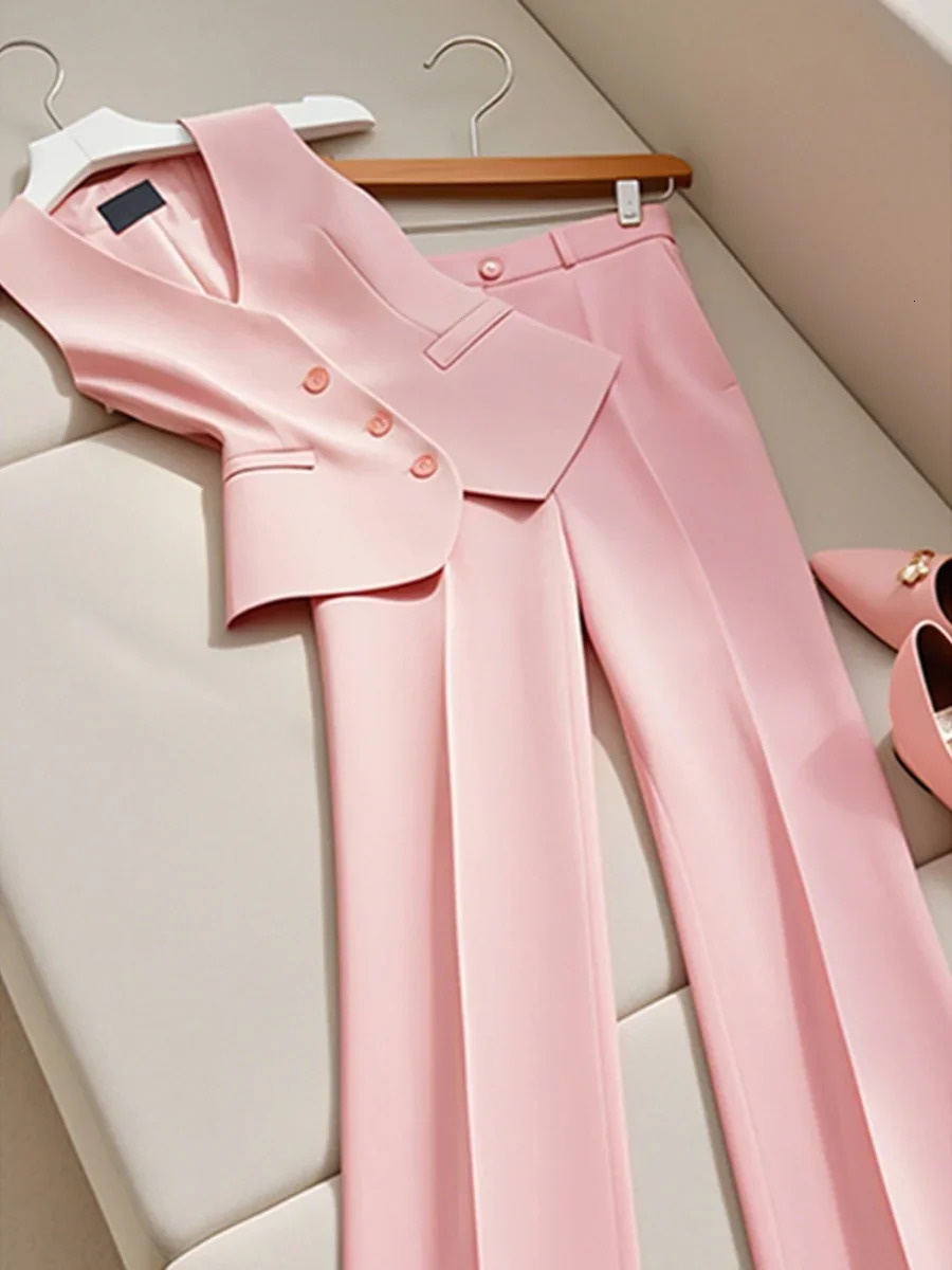Korean Drama Dressing Style High-end Pink Professional Suit Vest Pants Summer Fashion Two Piece Set Women Outfits 250206