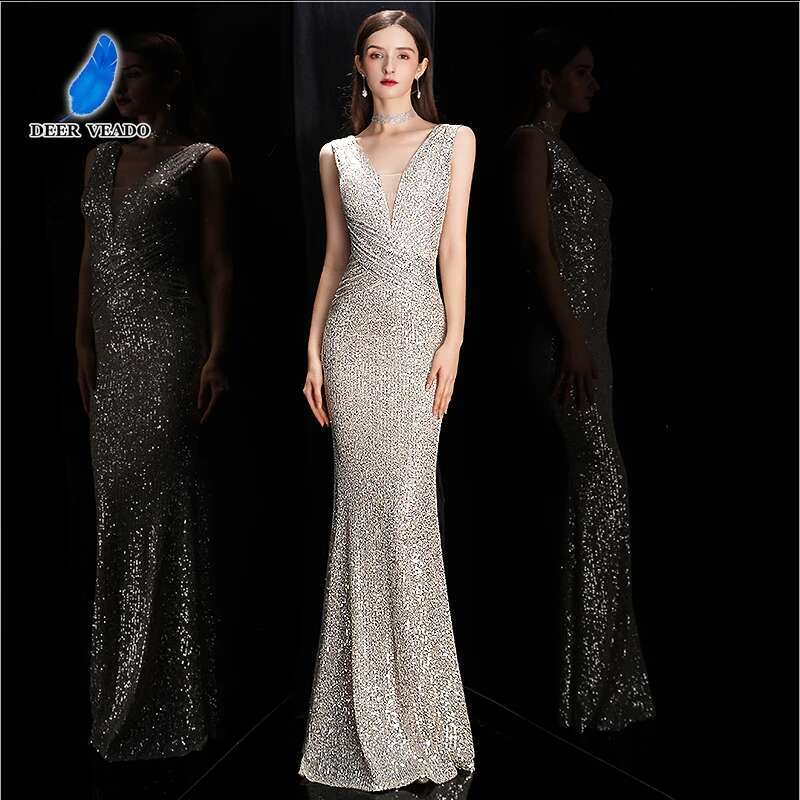 DEERVEADO Elegant V Neck Sequin Evening Long 2023 New Women Mermaid Formal Party Gown Bodycon Maxi Prom Dress