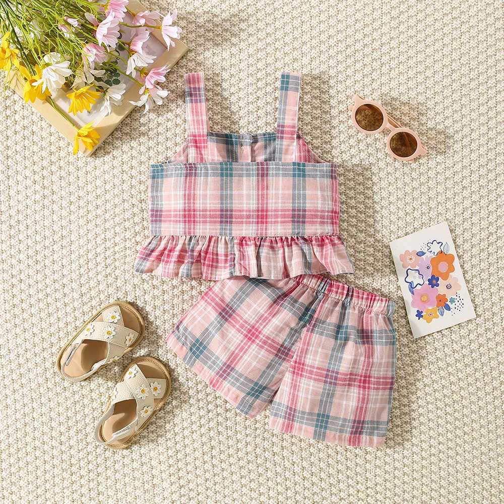 Summer new baby girl cotton clothing set baby girl pink plain weave pleated suspender top+shorts 2-piece set W250218