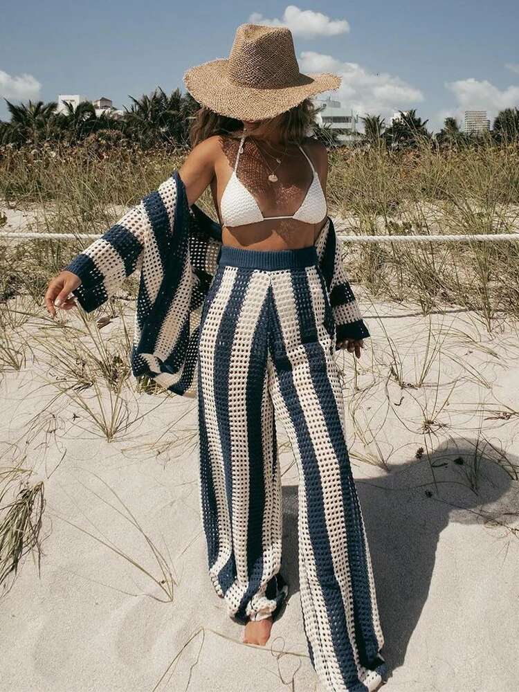 Women's Crochet Knitted Sets Summer Beach Suits Casual Loose Cardigan Tops And Pant Beachwear 2 Piece Set