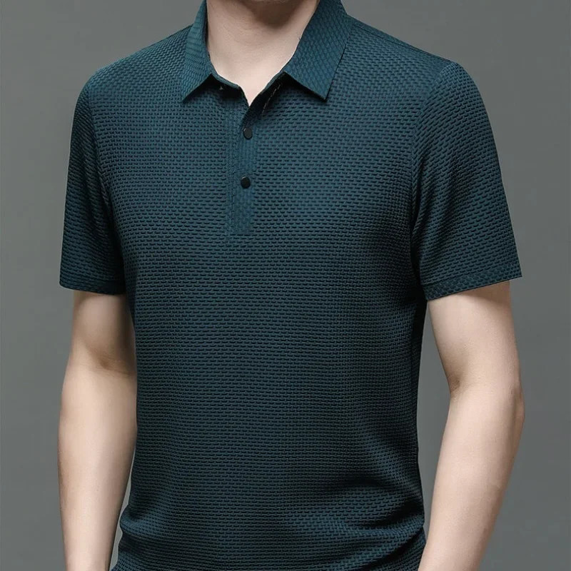 High End Embroidered Silk Knitted Hollow Polo Shirt for Mens Summer Korean Fashion Business Casual Breathable Short Sleeved Top 250217