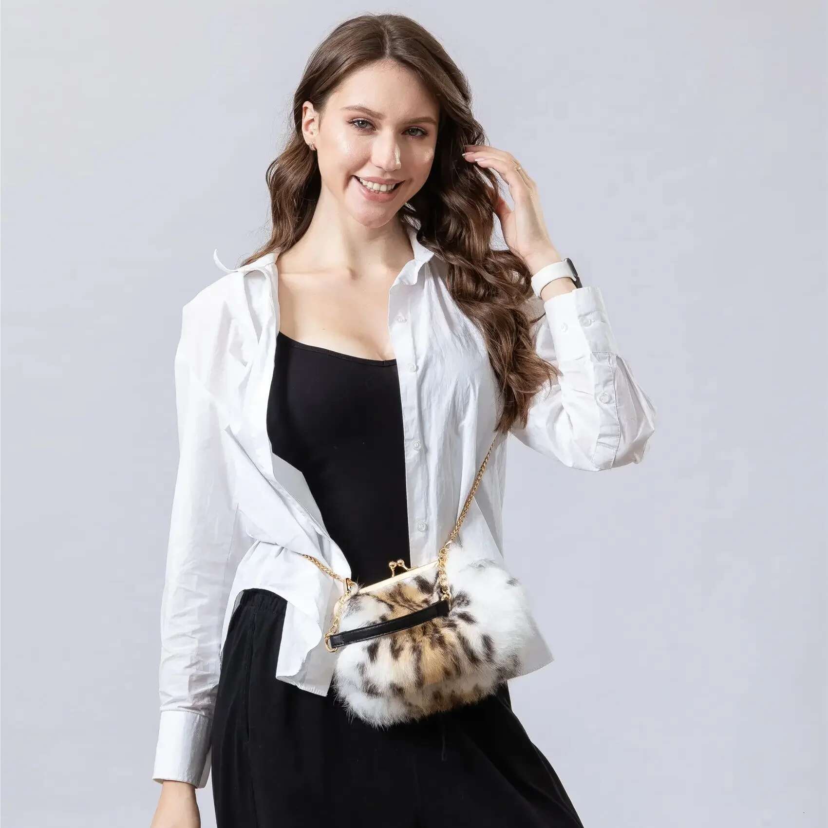 Natural real rabbit fur handbag women pearl purse elegant bag mini 2024 winter furry for party wedding white Leopard print