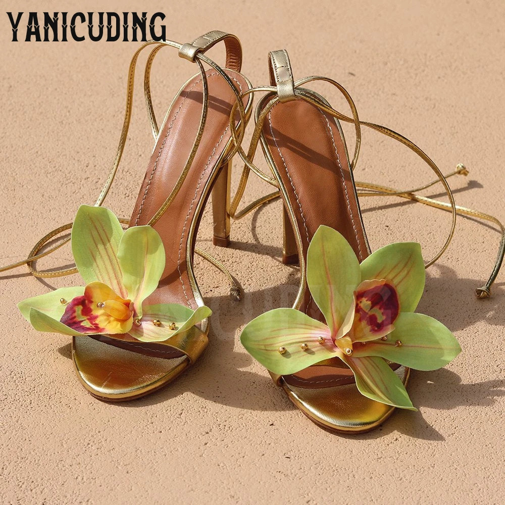 Floral Collection Sandals Multicolor Silk Flowers Beach Vacation Sandals Fashion Style Custom Ankle Strap Stiletto Women Sandals 250214