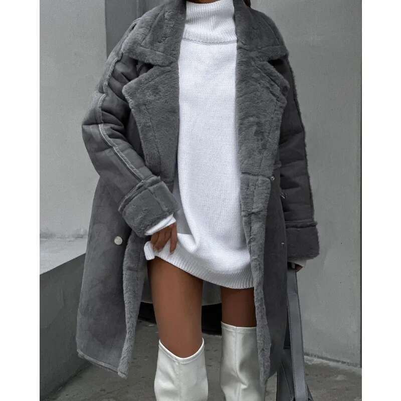 New Loose Cardigan Large Autumn Winter Plush Warm Windbreaker Women Long Sleeve Turn-Down Collar Trench Coat