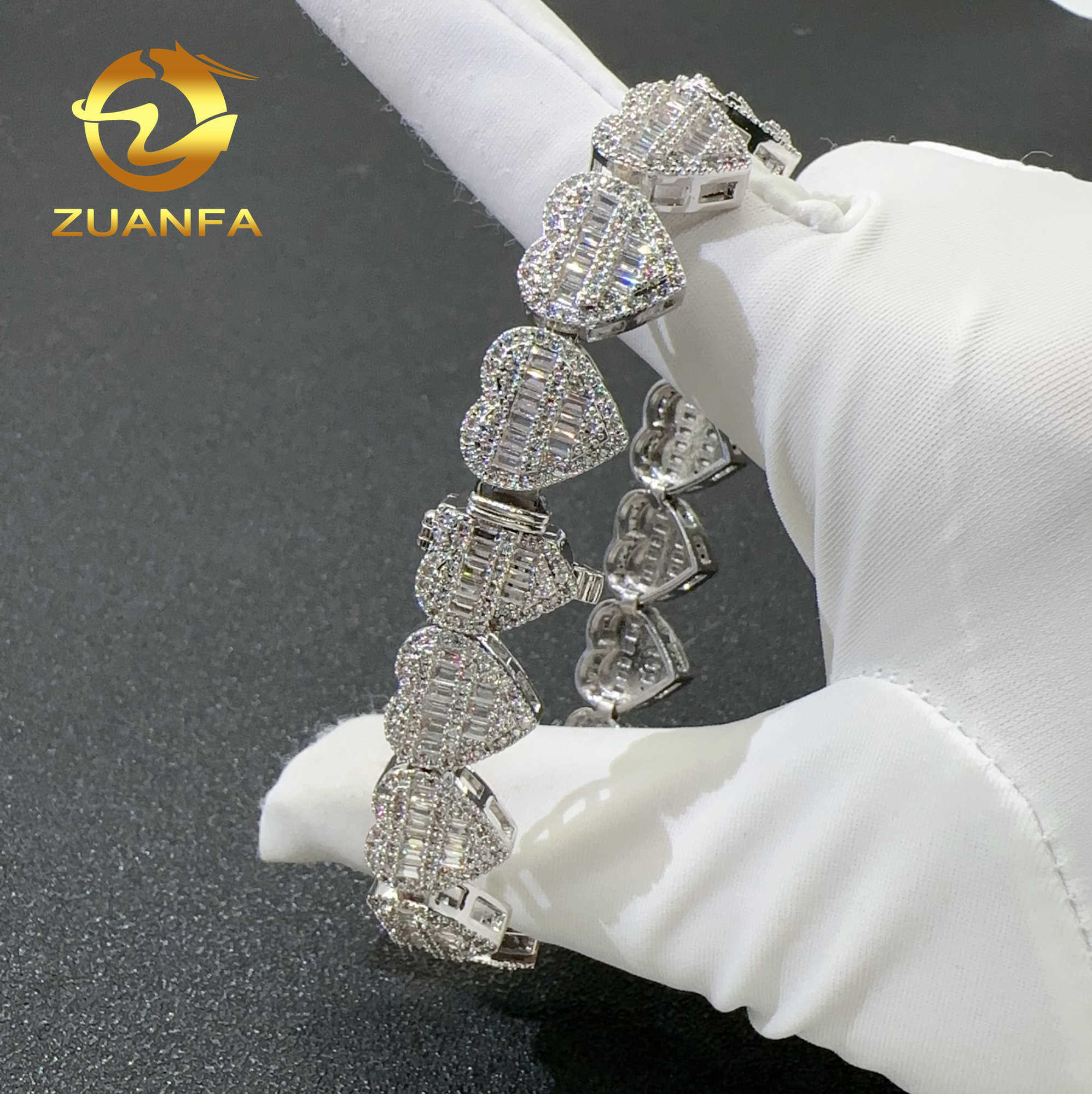 Hip Hop Bracelet Heart Shape Baguette cut S925 Silver VVS Moissanite Diamond Iced Out Cuban Chain Bracelet