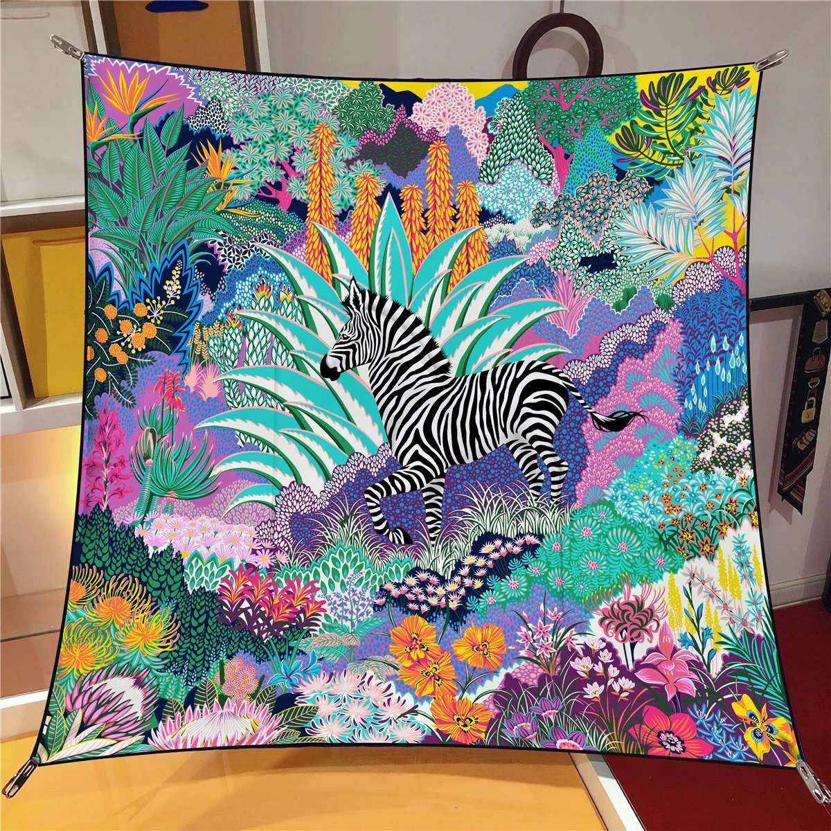 90cm Jungle Zebra Square Scarf Women Twill Silk Scarf Shawl Hijab Bandana Foulard Neckerchief Head Scarf 250213
