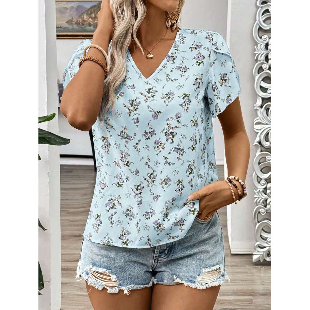 Elegant Casual Women's V-Neck Holiday Ruffled Short Sleeve Ral Summer Shirt For Women