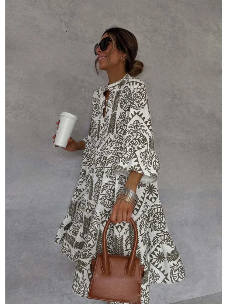 Style Casual Print Three-quarter Sleeve Shirt Dress For Women Summer Fashion V Neck Loose Holiday Casual Dresses Robe Femme 250213
