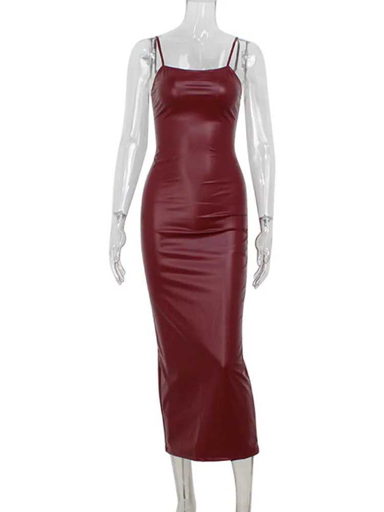 Basic Casual Dresses Ahagaga Fashion Sheath Womens Leather Dresses Sexy Solid Camisole Split Maxi Zipper Slveless Fold Party Bodycon Vestidos Robe H25